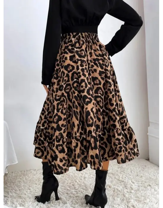 Kadın Uzun Kollu Kruvaze Yakalı Ithal Krep Bluz Ve Leopar Desenli Süprem Uzun Elbise