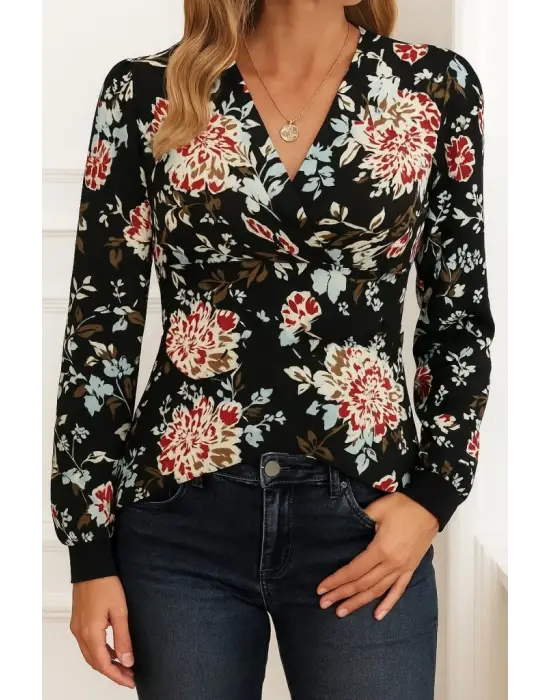 Kadın Uzun Kollu Kruvaze Yakalı Kelebek Desenli şardonlu Dalgıç Bluz