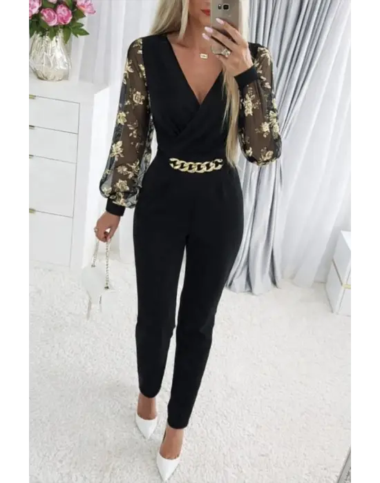 Trend Çiçek Desenli Kruvaze Yakalı Krep Tulum