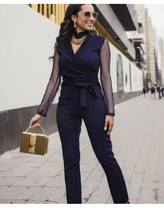 Kadın Uzun Kollu Kruvaze Yakalı Kolları Tül Detay Beli Kuşaklı Ithal Krep Tulum