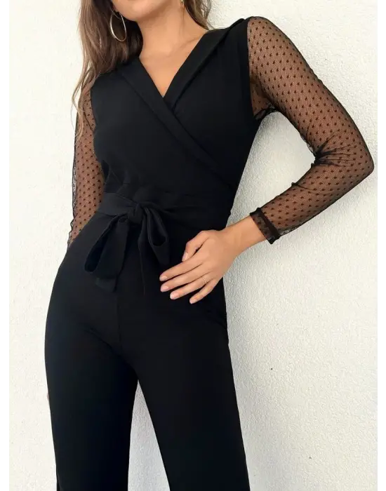 Kadın Uzun Kollu Kruvaze Yakalı Kolları Tül Detay Beli Kuşaklı Ithal Krep Tulum