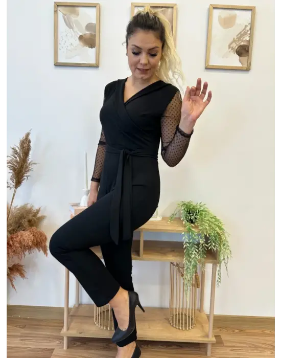 Kadın Uzun Kollu Kruvaze Yakalı Kolları Tül Detay Beli Kuşaklı Ithal Krep Tulum