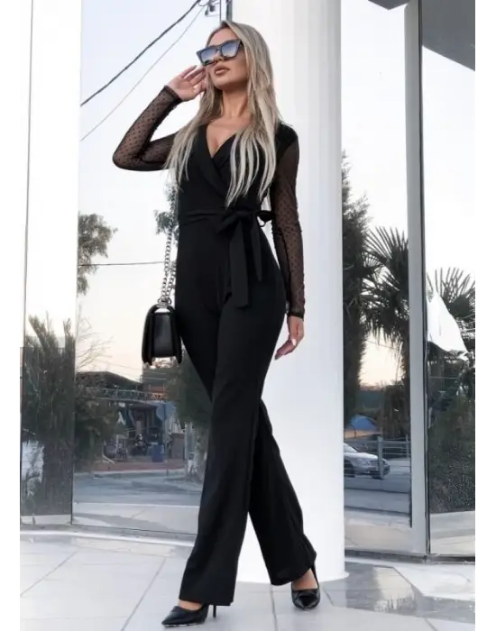 Kadın Uzun Kollu Kruvaze Yakalı Kolları Tül Detay Beli Kuşaklı Ithal Krep Tulum