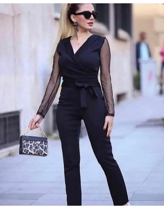 Kadın Uzun Kollu Kruvaze Yakalı Kolları Tül Detay Beli Kuşaklı Ithal Krep Tulum