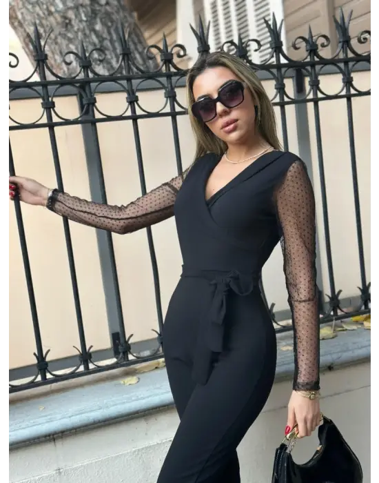 Kadın Uzun Kollu Kruvaze Yakalı Kolları Tül Detay Beli Kuşaklı Ithal Krep Tulum