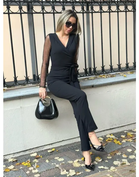 Kadın Uzun Kollu Kruvaze Yakalı Kolları Tül Detay Beli Kuşaklı Ithal Krep Tulum