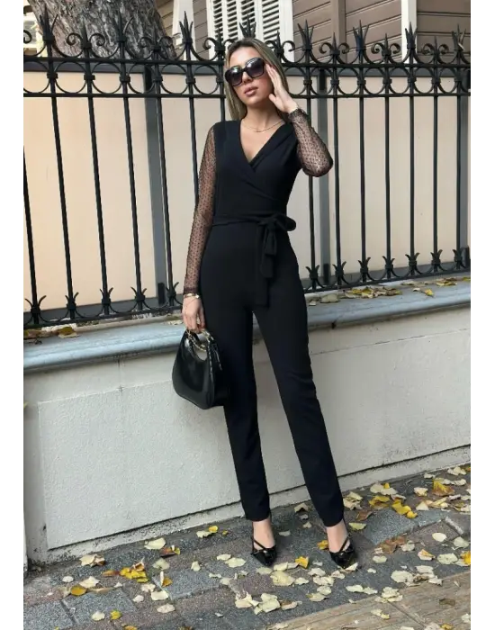 Kadın Uzun Kollu Kruvaze Yakalı Kolları Tül Detay Beli Kuşaklı Ithal Krep Tulum