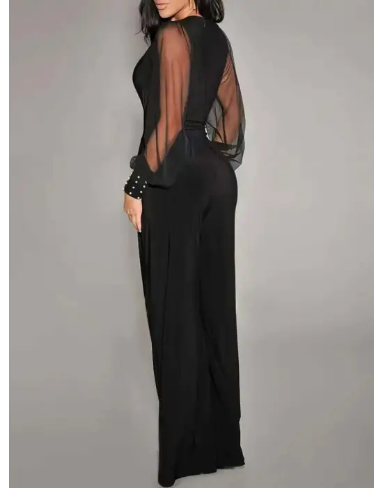 Kadın Uzun Kollu Kruvaze Yakalı Kolları Tüllü Viskon Tulum