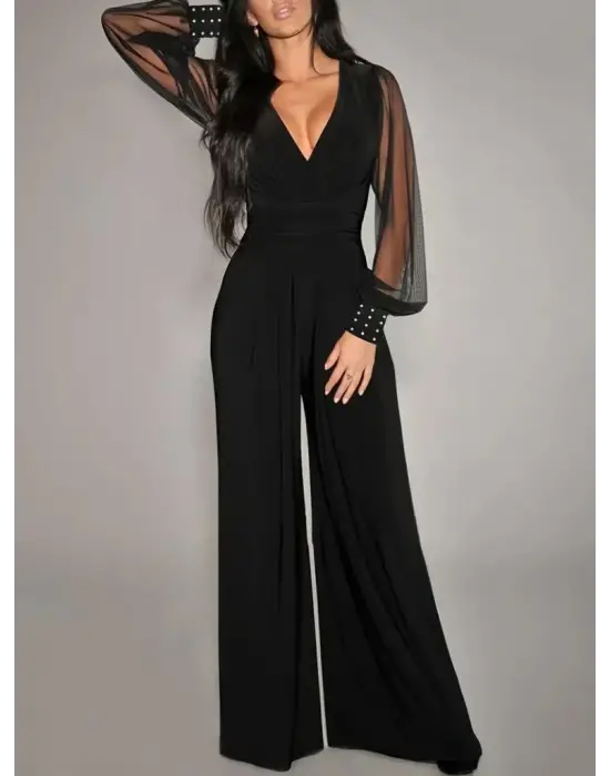 Kadın Uzun Kollu Kruvaze Yakalı Kolları Tüllü Viskon Tulum