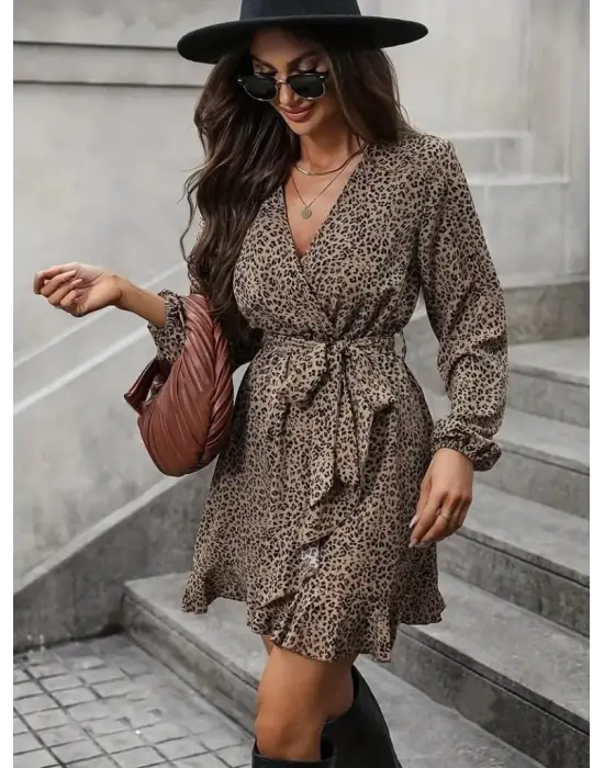 Kadın Uzun Kollu Kruvaze Yakalı Kuşaklı Desenli Kısa Modal Mini Elbise