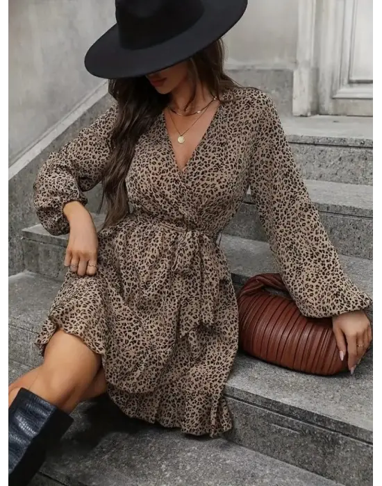 Kadın Uzun Kollu Kruvaze Yakalı Kuşaklı Desenli Kısa Modal Mini Elbise