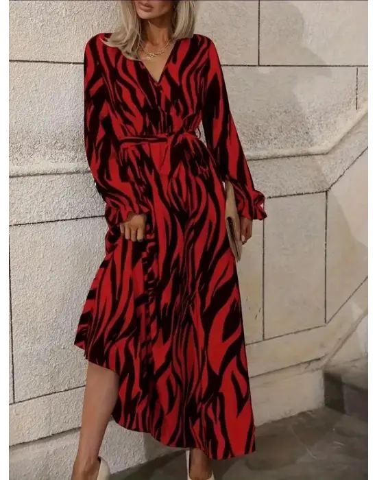 Kadın Uzun Kollu Kruvaze Yakalı Kuşaklı Zebra Desenli Süprem Maxi Elbise