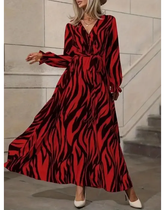 Kadın Uzun Kollu Kruvaze Yakalı Kuşaklı Zebra Desenli Süprem Maxi Elbise
