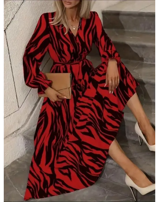 Kadın Uzun Kollu Kruvaze Yakalı Kuşaklı Zebra Desenli Süprem Maxi Elbise