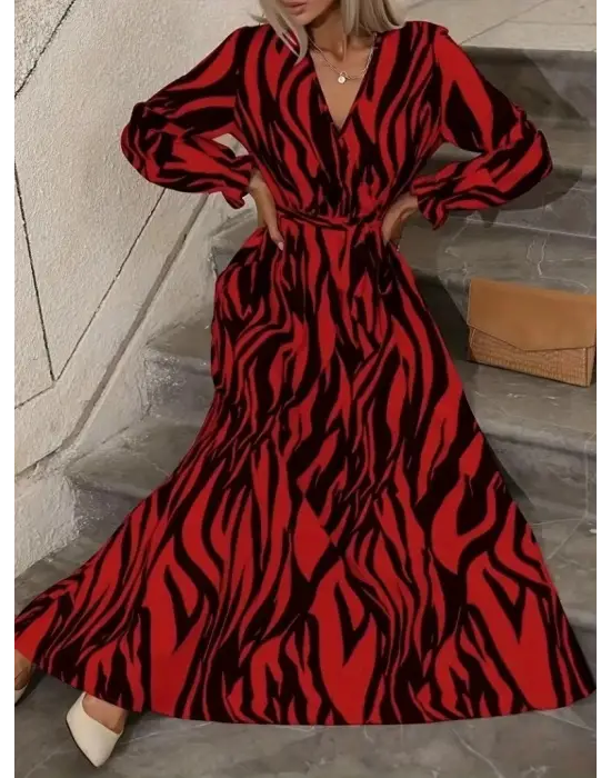 Kadın Uzun Kollu Kruvaze Yakalı Kuşaklı Zebra Desenli Süprem Maxi Elbise