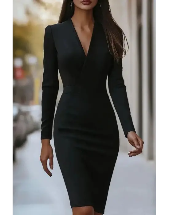 Kadın Uzun Kollu Kruvaze Yakalı Mini Ithal Krep Elbise