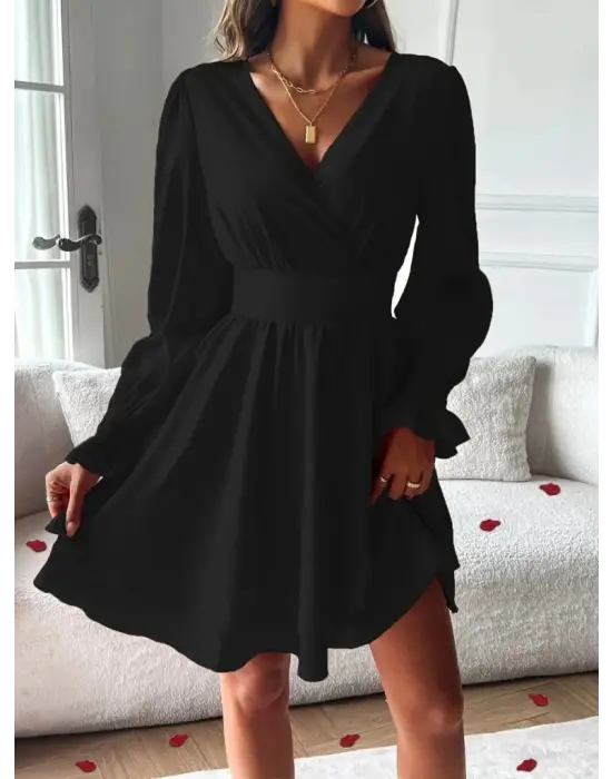 Kadın Uzun Kollu Kruvaze Yakalı Mini Sandy Elbise