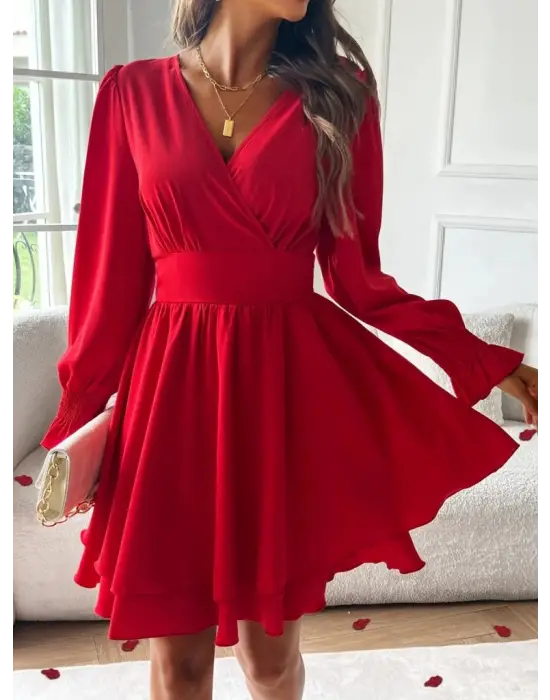 Kadın Uzun Kollu Kruvaze Yakalı Mini Sandy Elbise