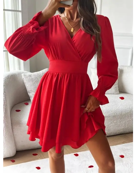 Kadın Uzun Kollu Kruvaze Yakalı Mini Sandy Elbise