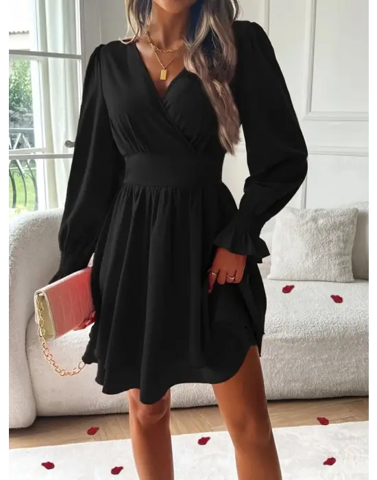 Kadın Uzun Kollu Kruvaze Yakalı Mini Sandy Elbise
