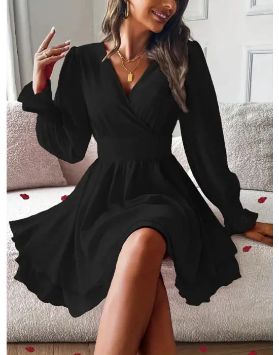 Kadın Uzun Kollu Kruvaze Yakalı Mini Sandy Elbise