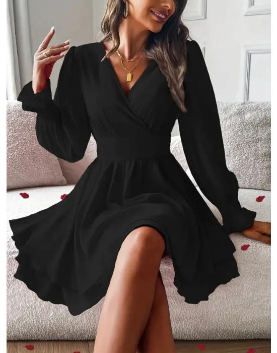 Kadın Uzun Kollu Kruvaze Yakalı Mini Sandy Elbise