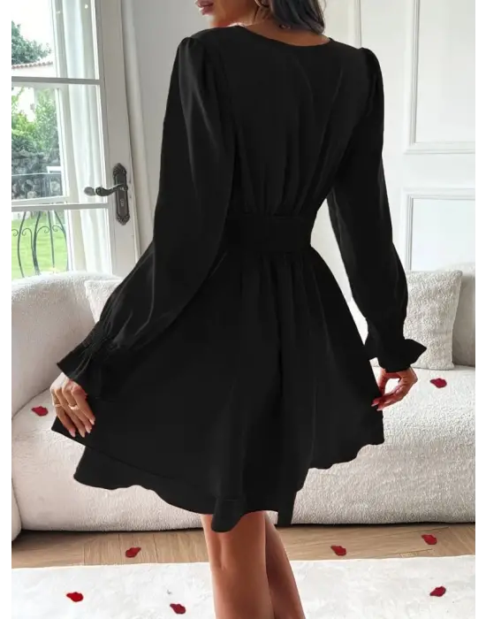 Kadın Uzun Kollu Kruvaze Yakalı Mini Sandy Elbise