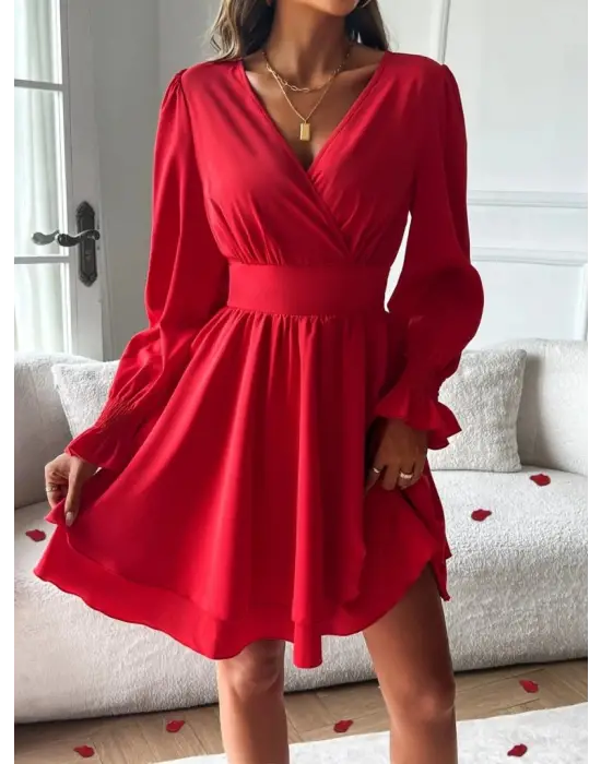 Kadın Uzun Kollu Kruvaze Yakalı Mini Sandy Elbise