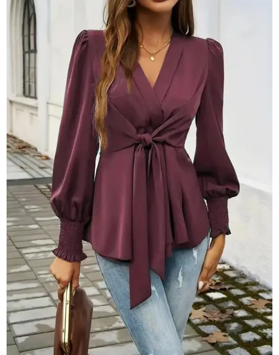 Kadın Uzun Kollu Kruvaze Yakalı önden Bağlamalı Ithal Krep Bluz