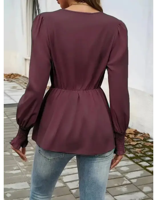 Kadın Uzun Kollu Kruvaze Yakalı önden Bağlamalı Ithal Krep Bluz