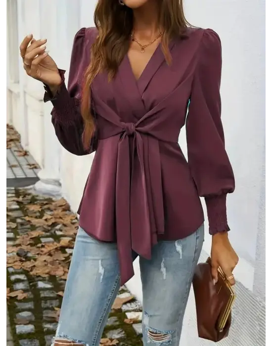 Kadın Uzun Kollu Kruvaze Yakalı önden Bağlamalı Ithal Krep Bluz