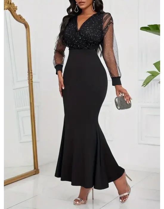 Kadın Uzun Kollu Kruvaze Yakalı Taş Ve Tül Detaylı Uzun Ithal Krep Elbise