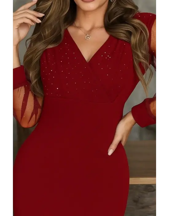 Kadın Uzun Kollu Kruvaze Yakalı Taşlı Mini Ithal Krep Elbise