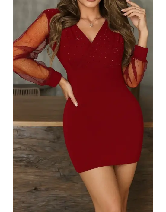 Kadın Uzun Kollu Kruvaze Yakalı Taşlı Mini Ithal Krep Elbise