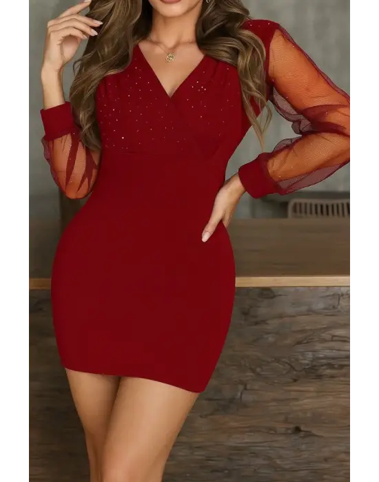 Kadın Uzun Kollu Kruvaze Yakalı Taşlı Mini Ithal Krep Elbise
