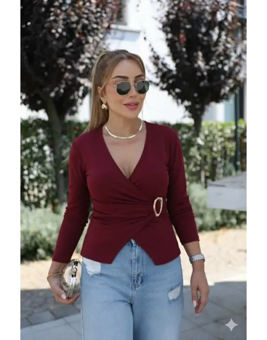 Kadın Uzun Kollu Kruvaze Yakalı Toka Detaylı Viskon Bluz