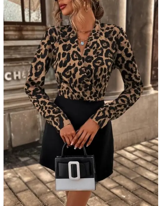 Kadın Uzun Kollu Kruvaze Yakalı üst Dalgıç Alt Ithal Krep Mini Elbise