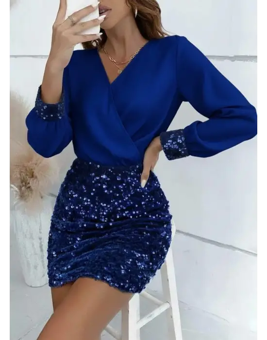 Kadın Uzun Kollu Kruvaze Yakalı üst Ithal Krep Alt Pulpayetli Mini Ithal Krep Elbise