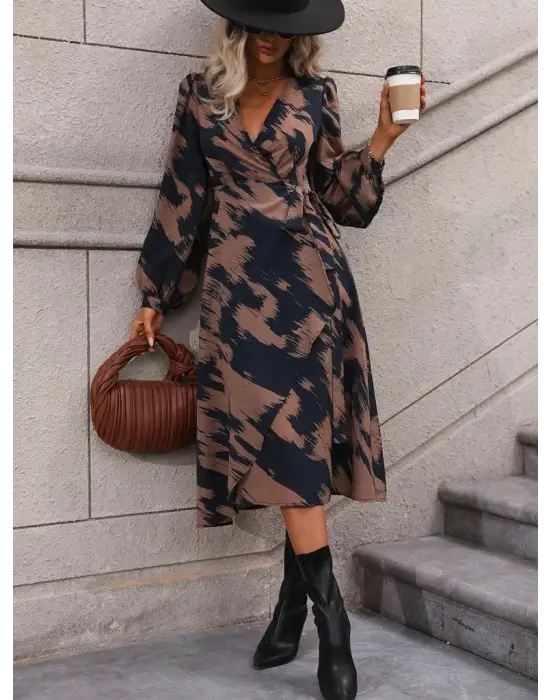 Kadın Uzun Kollu Kruvaze Yakalı Yandan Bağlamalı Desenli Mini Modal Elbise