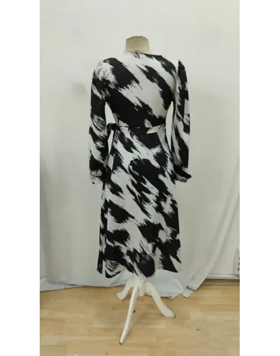 Kadın Uzun Kollu Kruvaze Yakalı Yandan Bağlamalı Desenli Mini Modal Elbise