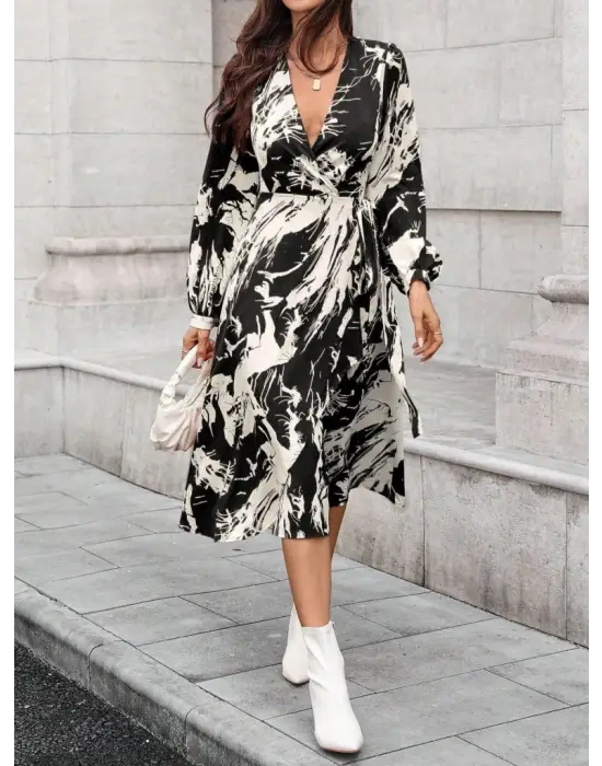 Kadın Uzun Kollu Kruvaze Yakalı Yandan Bağlamalı Desenli Mini Modal Elbise