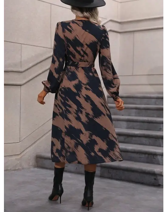 Kadın Uzun Kollu Kruvaze Yakalı Yandan Bağlamalı Desenli Mini Modal Elbise