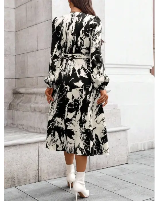 Kadın Uzun Kollu Kruvaze Yakalı Yandan Bağlamalı Desenli Mini Modal Elbise