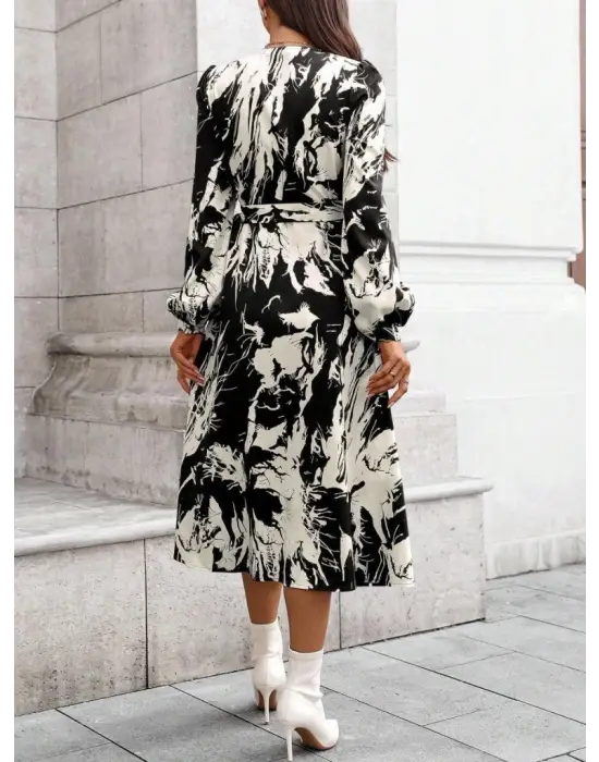 Kadın Uzun Kollu Kruvaze Yakalı Yandan Bağlamalı Desenli Mini Modal Elbise