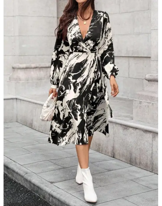 Kadın Uzun Kollu Kruvaze Yakalı Yandan Bağlamalı Desenli Mini Modal Elbise