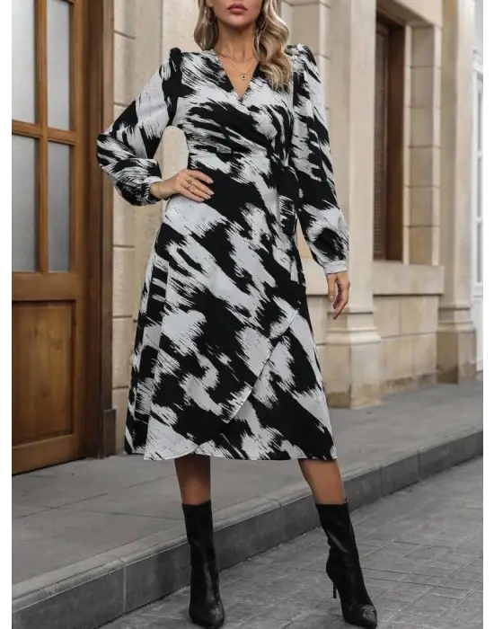 Kadın Uzun Kollu Kruvaze Yakalı Yandan Bağlamalı Desenli Mini Modal Elbise