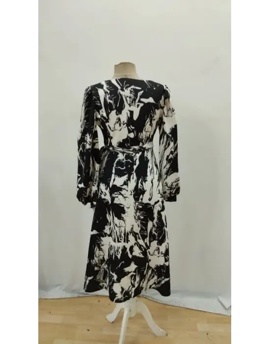 Kadın Uzun Kollu Kruvaze Yakalı Yandan Bağlamalı Desenli Mini Modal Elbise