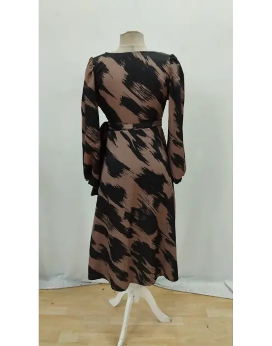 Kadın Uzun Kollu Kruvaze Yakalı Yandan Bağlamalı Desenli Mini Modal Elbise