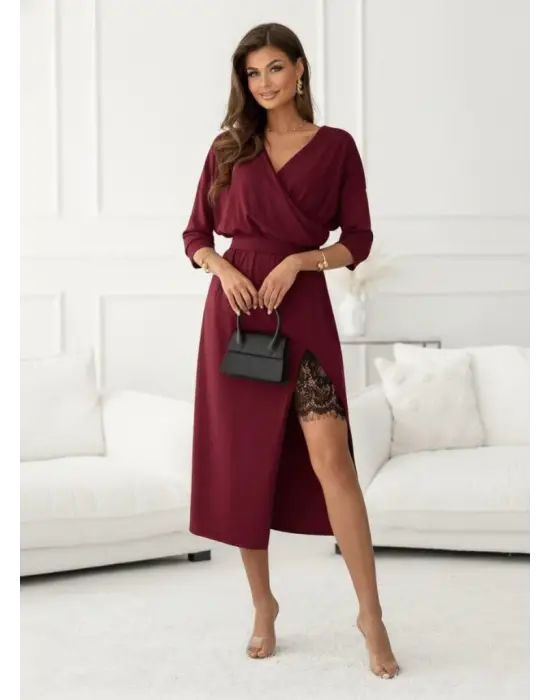 Zarif Yandan Dantelli Midi İthal Krep Elbise