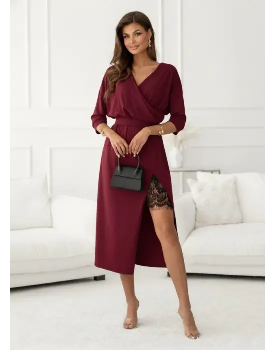 Kadın Uzun Kollu Kruvaze Yakalı Yandan Dantelli Midi Ithal Krep Elbise